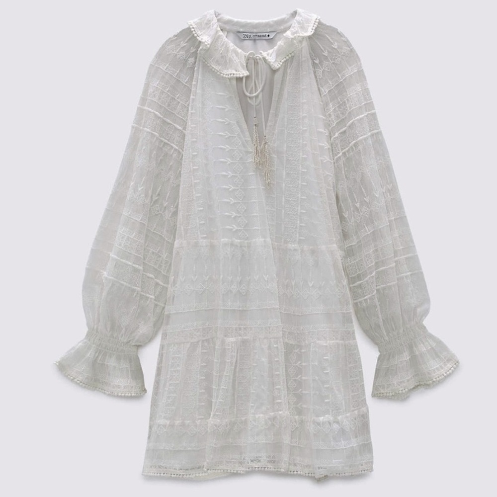 Zara White Embroidered Boho Mini Dress